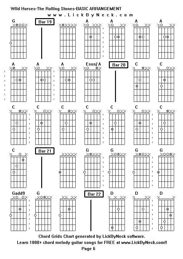 Chord Grids Chart of chord melody fingerstyle guitar song-Wild Horses-The Rolling Stones-BASIC ARRANGEMENT,generated by LickByNeck software.